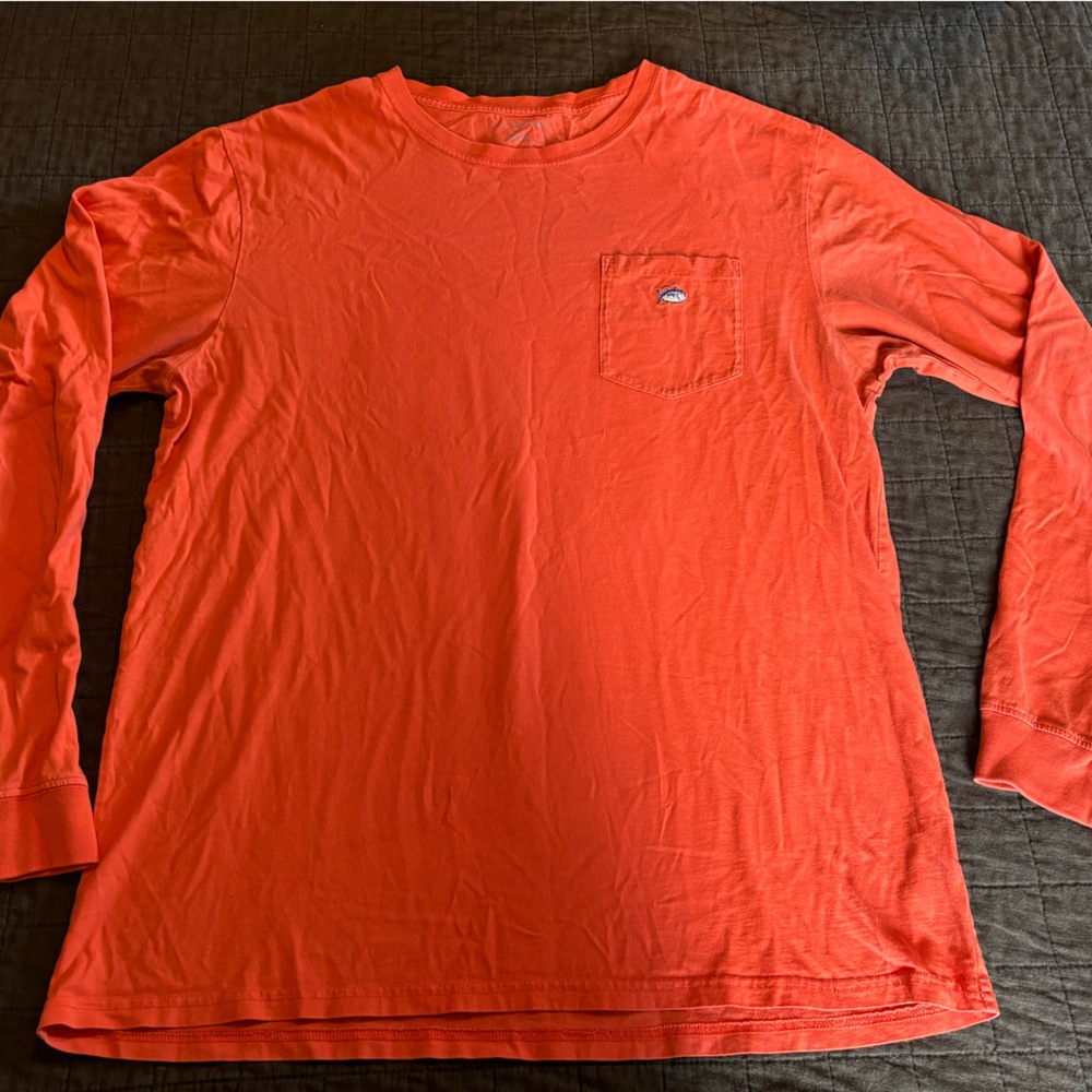 Southern‎ Tide Mens Long Sleeve Pocket T-Shirt Orange Cotton Skipjack Logo Large